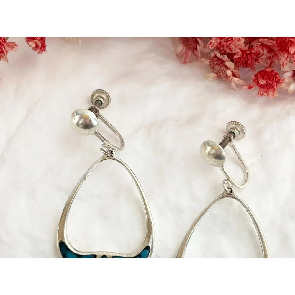 Teardrop Hoop Turquoise Screw Back SW Vintage Sterling Silver 925 Earrings